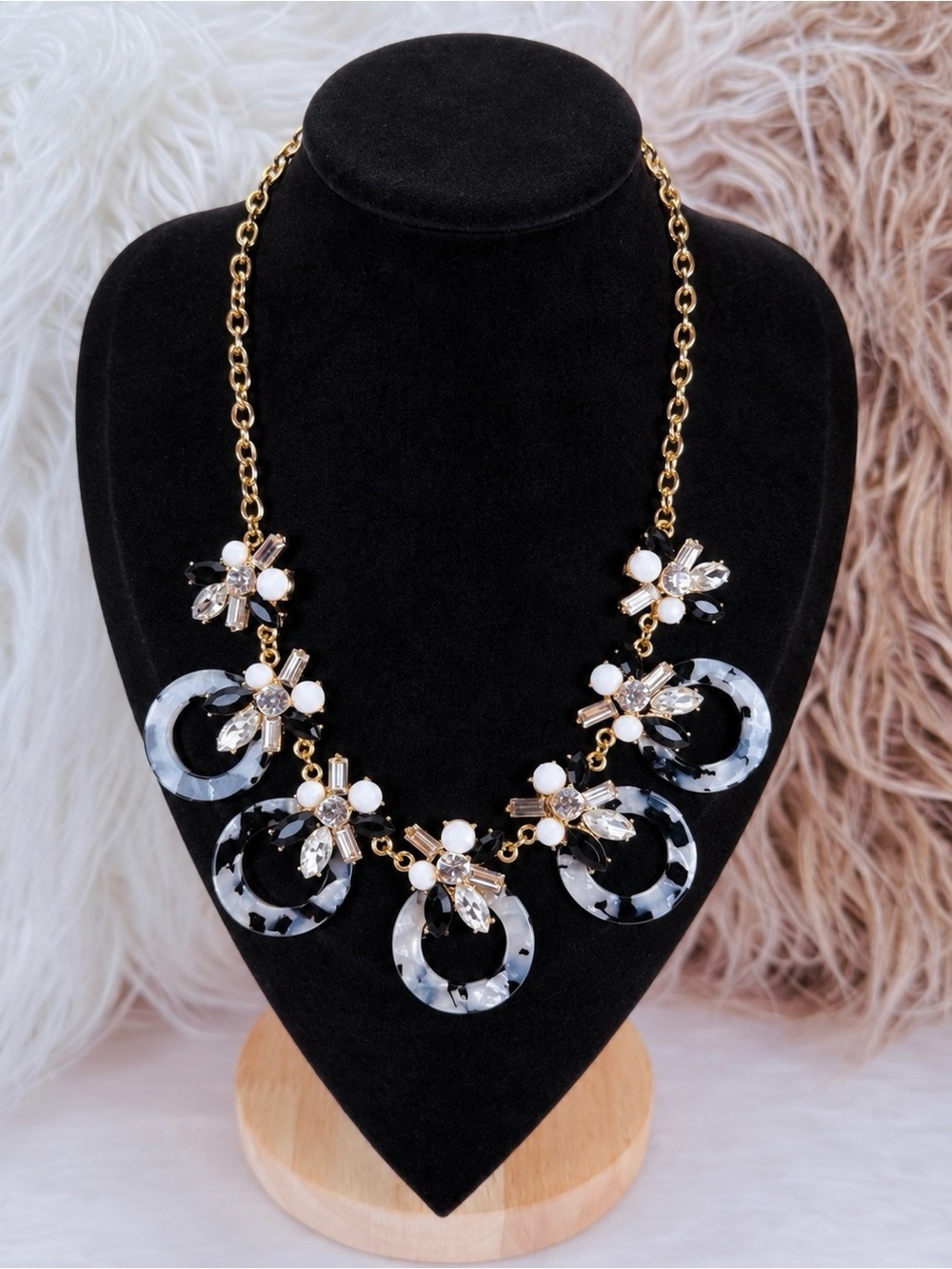 Goldtone, white and black bling statement, necklace